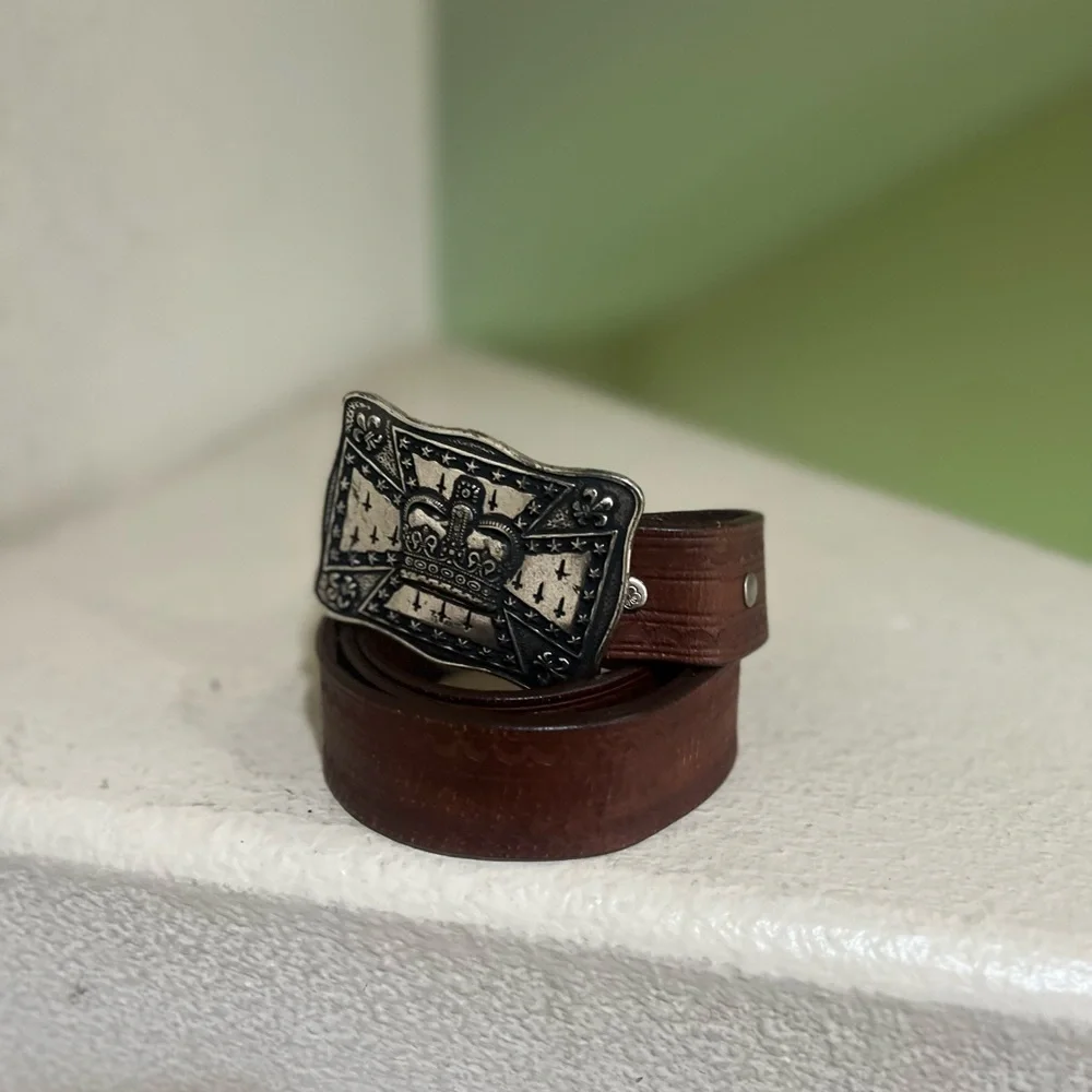 VNTG Genuine Brown Leather Belt Silver Buckle‎ Fit For a King Crown western